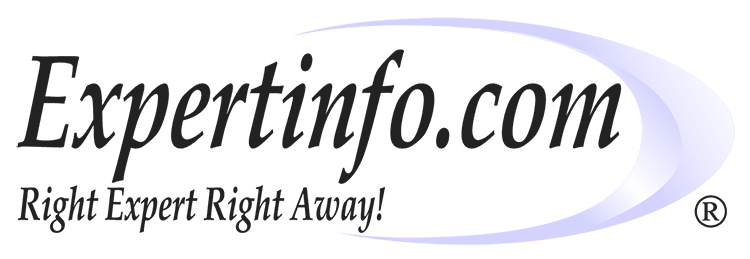 Expertinfo.com logotype is italic letters framed on the right side by a purple crescent shaped swoosh.
